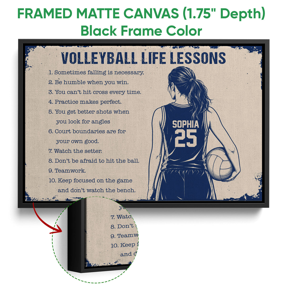 Black framed canvas volleyball wall art with a player illustration and close-up canvas texture detail