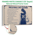 Natural wood framed volleyball wall art with a player illustration and close-up frame detail