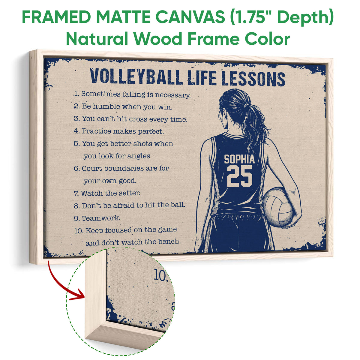 Natural wood framed volleyball wall art with a player illustration and close-up frame detail