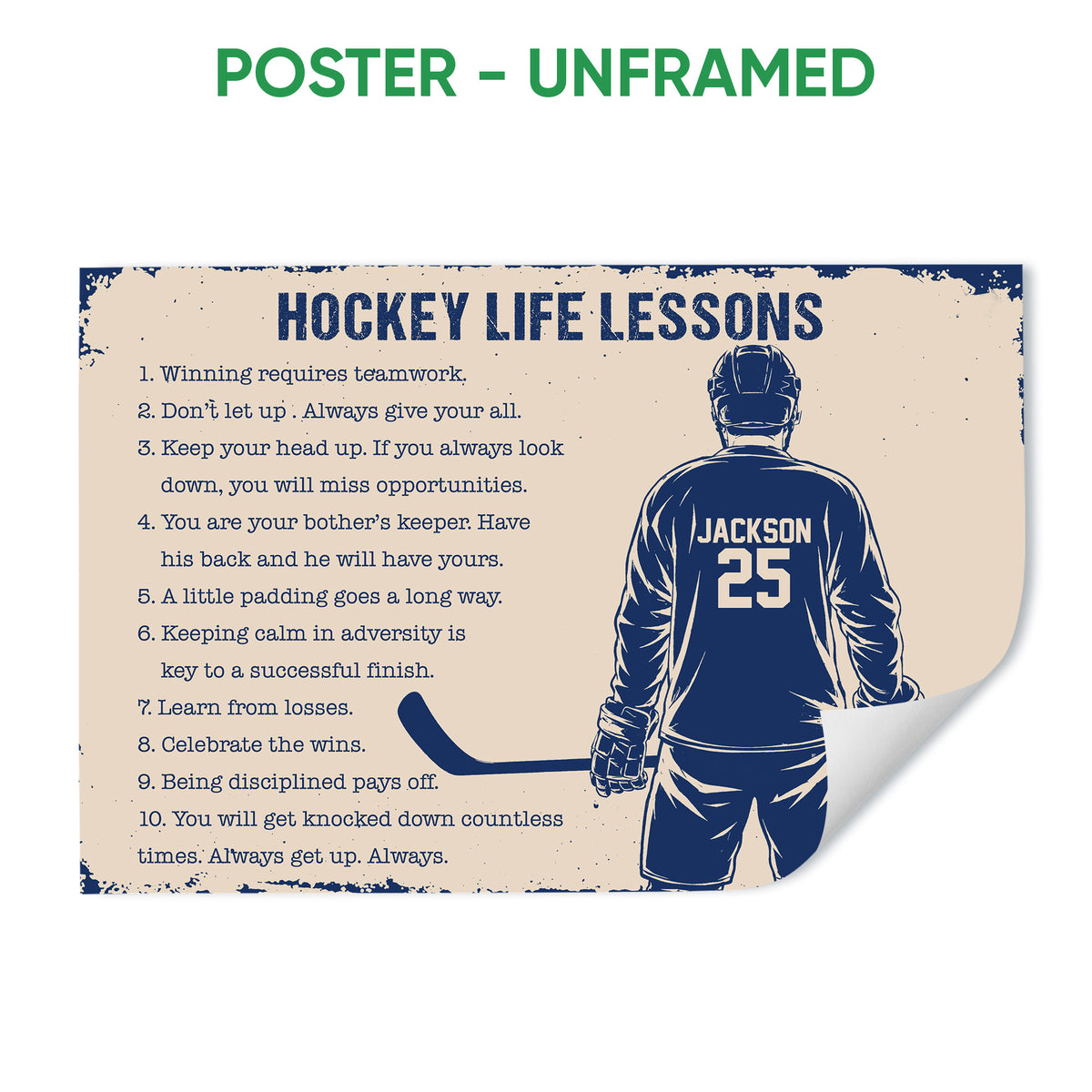 Unframed hockey poster with a player illustration, hockey stick, and inspirational lessons