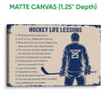 Matte canvas hockey wall art with a blue and cream player illustration and motivational text