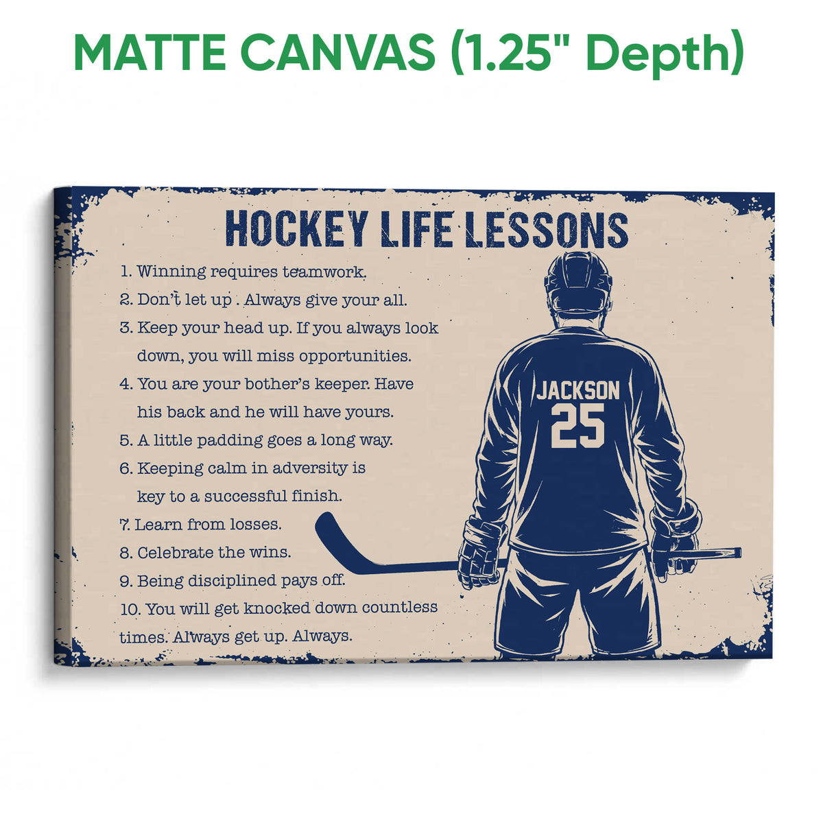 Matte canvas hockey wall art with a blue and cream player illustration and motivational text