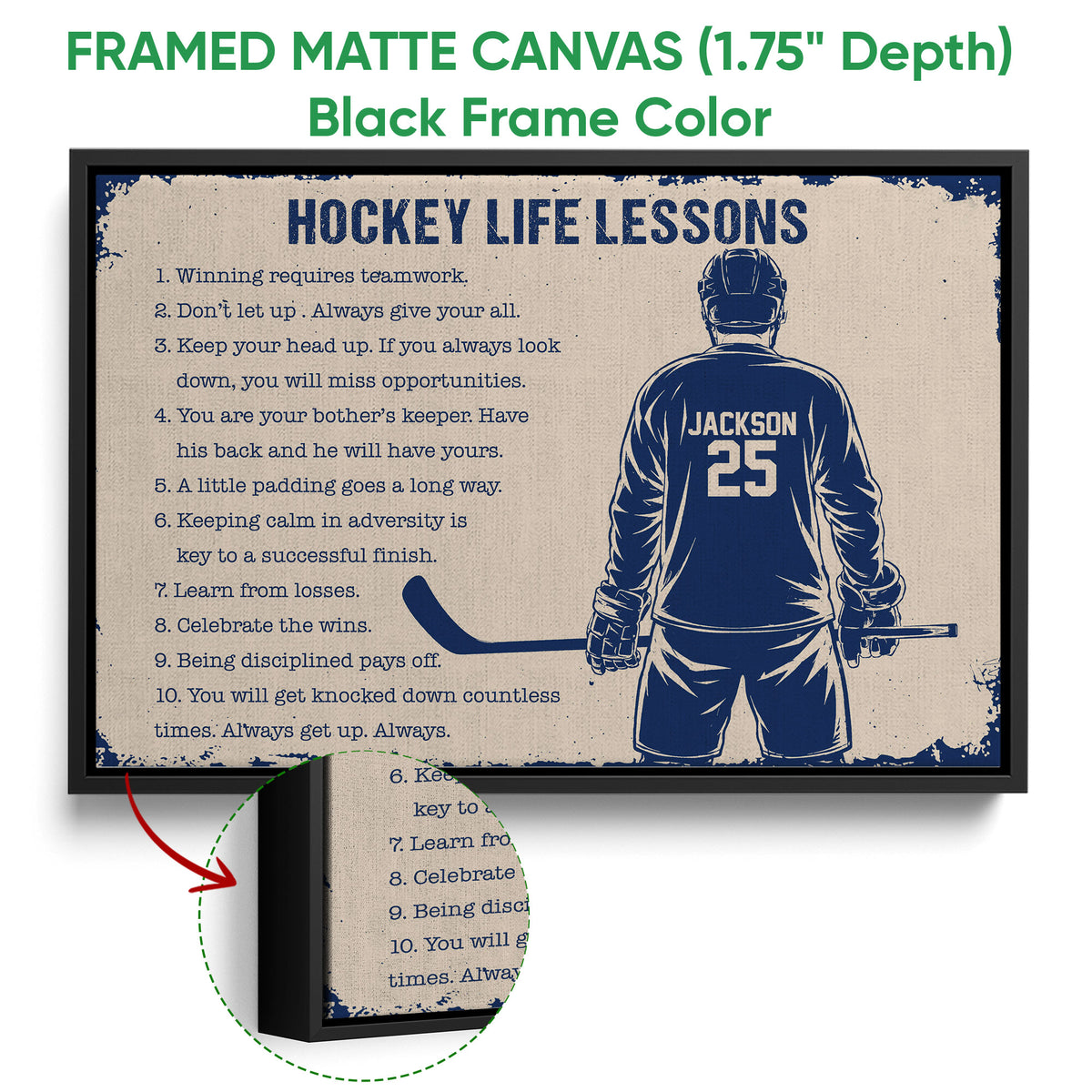 Hockey life lessons wall art shown in a black framed canvas with a hockey player illustration