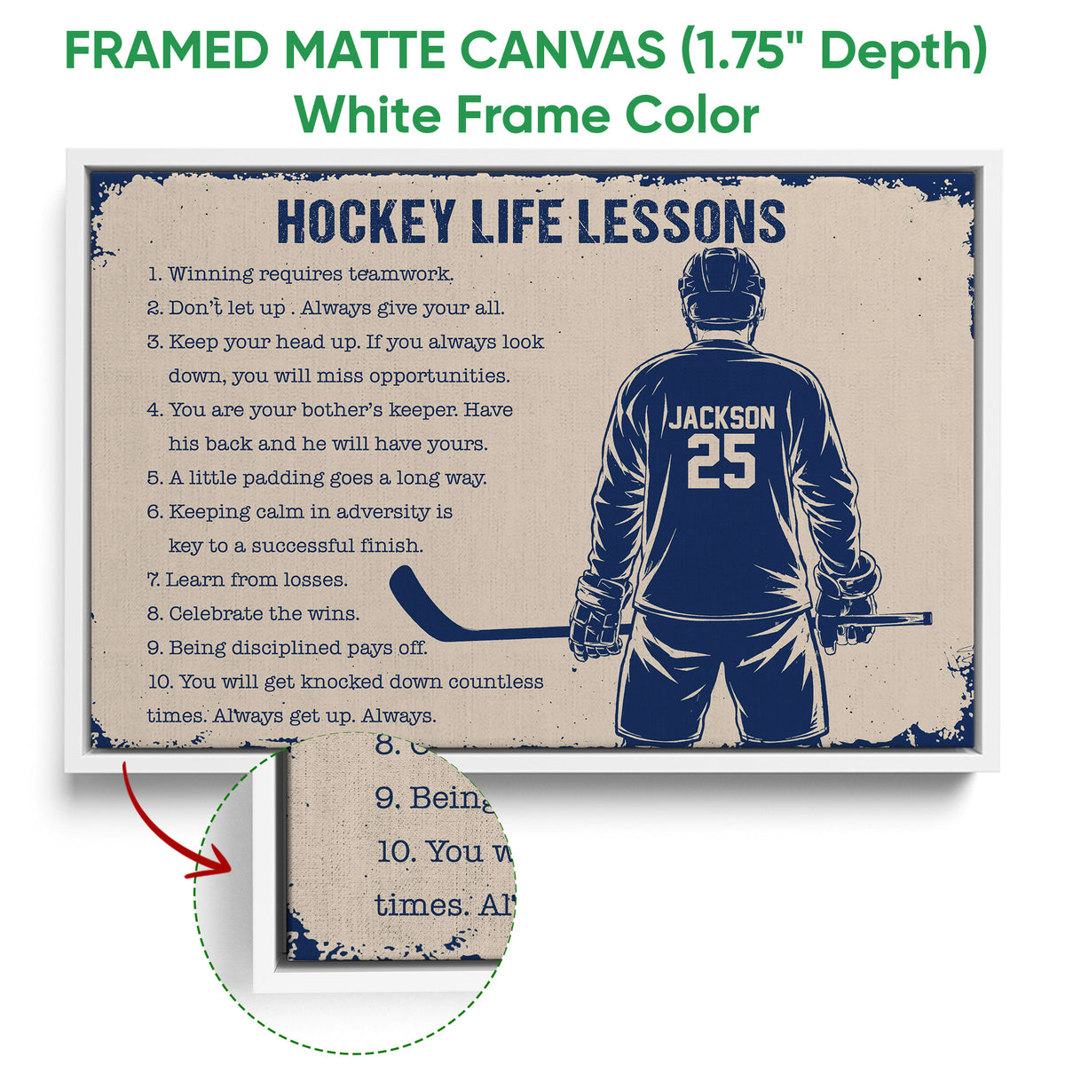 Hockey life lessons wall art shown in a white framed canvas with a hockey player illustration
