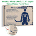 Hockey wall art shown in a natural wood framed canvas with a player and hockey stick