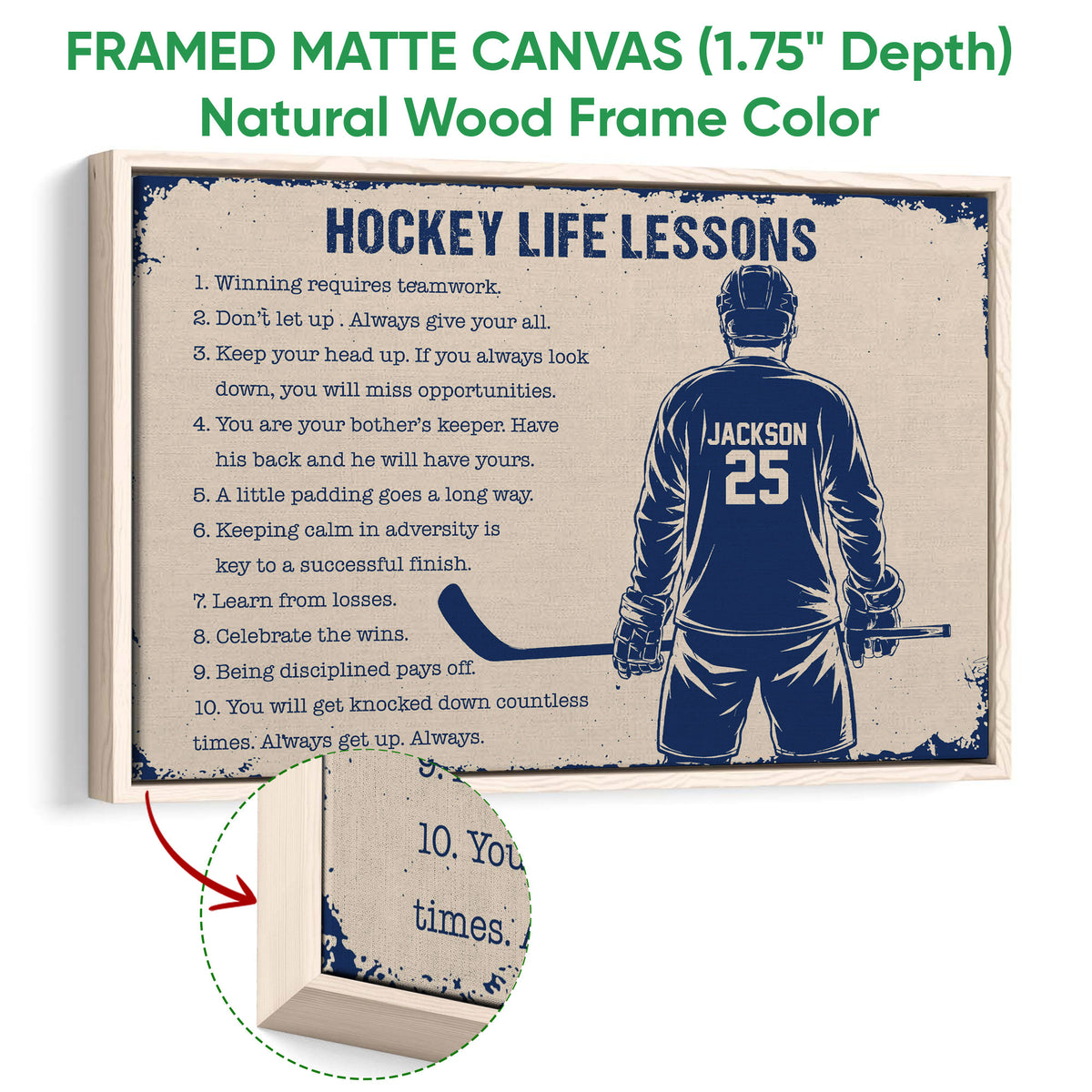 Hockey wall art shown in a natural wood framed canvas with a player and hockey stick