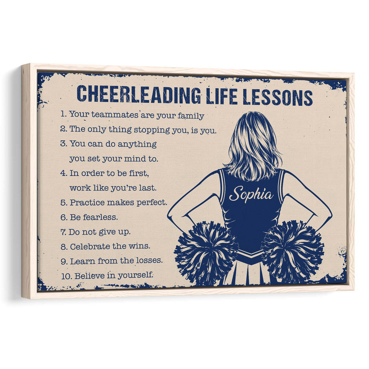 Framed cheerleading wall art with a cheerleader holding pom-poms beside motivational life lessons