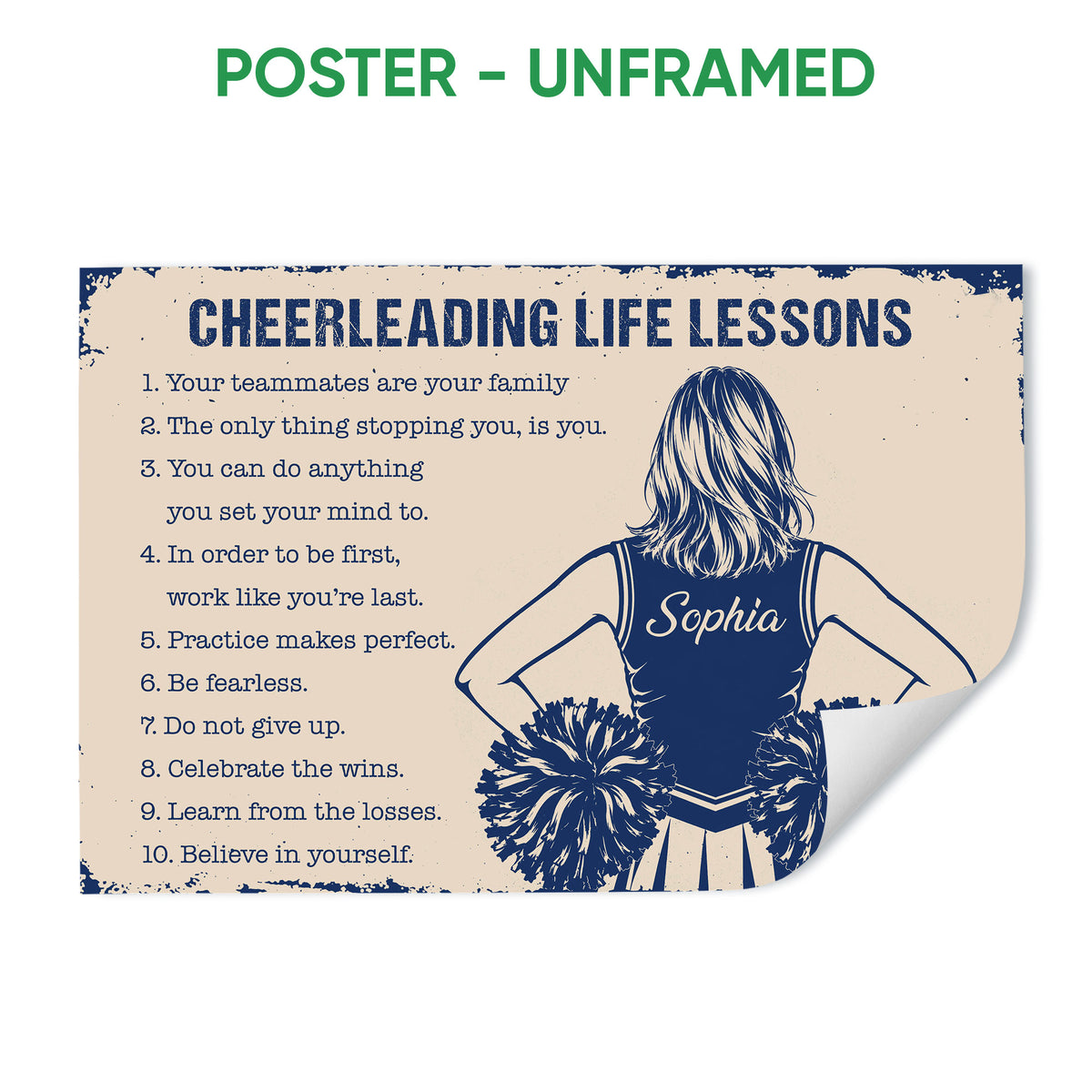 Unframed cheerleading poster featuring a pom-pom cheerleader and motivational life lessons
