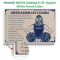 White framed cheerleading canvas wall art featuring a cheerleader and inspirational lessons