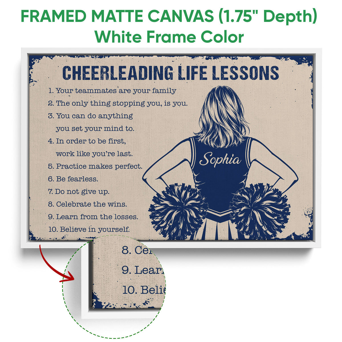 White framed cheerleading canvas wall art featuring a cheerleader and inspirational lessons