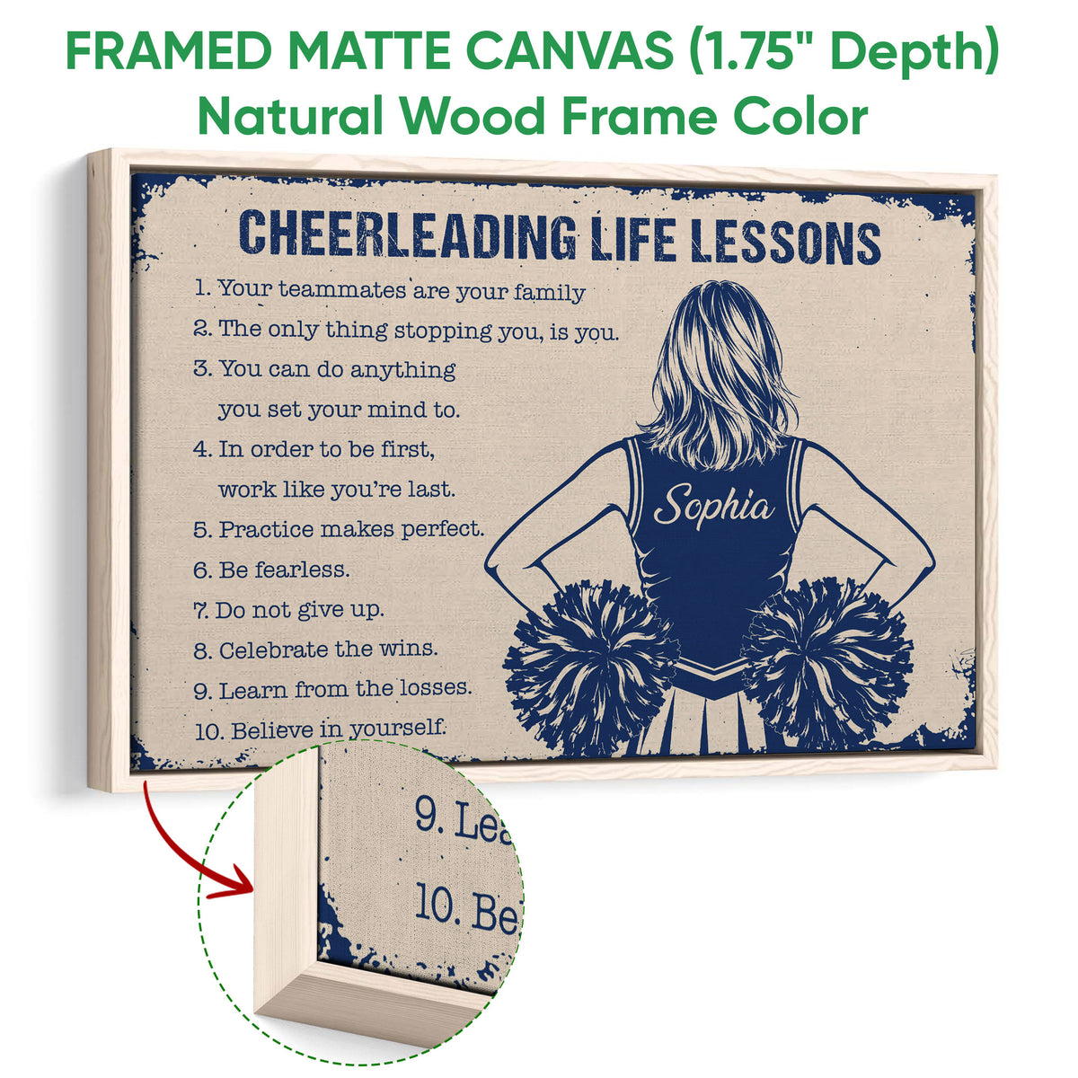 Natural wood framed cheerleading wall art with a distressed navy and cream design