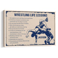 Framed wrestling wall art with vintage navy and cream artwork showing two wrestlers and motivational lessons
