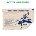 Unframed wrestling poster featuring two wrestlers, navy typography, cream background, and vintage distressed styling