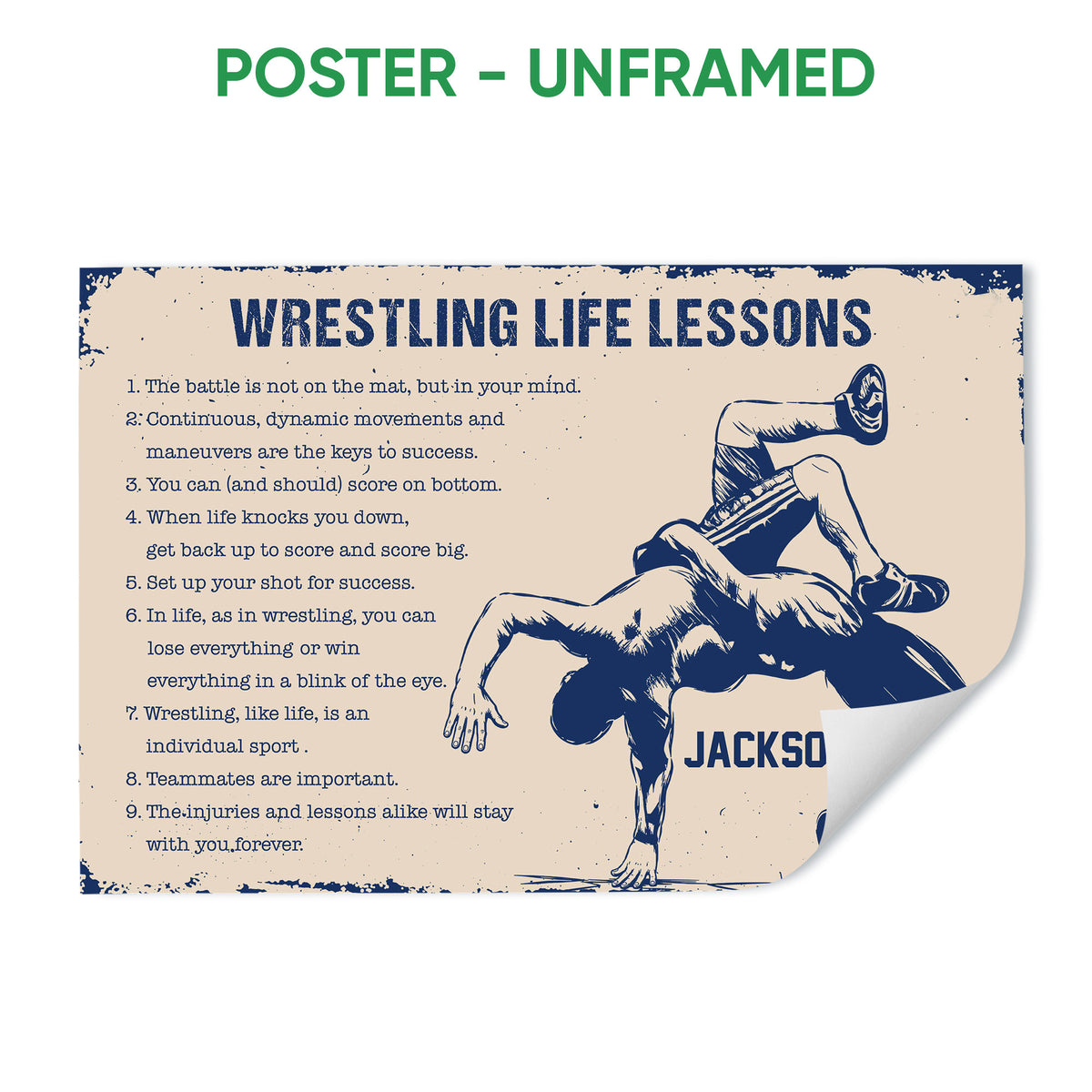 Unframed wrestling poster featuring two wrestlers, navy typography, cream background, and vintage distressed styling
