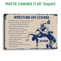 Matte canvas wrestling wall art with navy and cream lesson artwork and a gallery-wrapped presentation