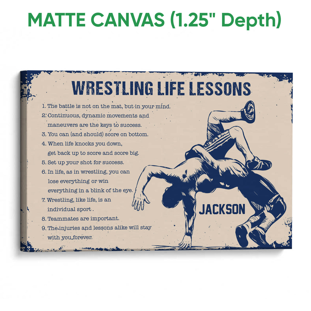 Matte canvas wrestling wall art with navy and cream lesson artwork and a gallery-wrapped presentation