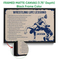 Black framed canvas wrestling wall art with a close-up showing textured canvas and solid frame construction