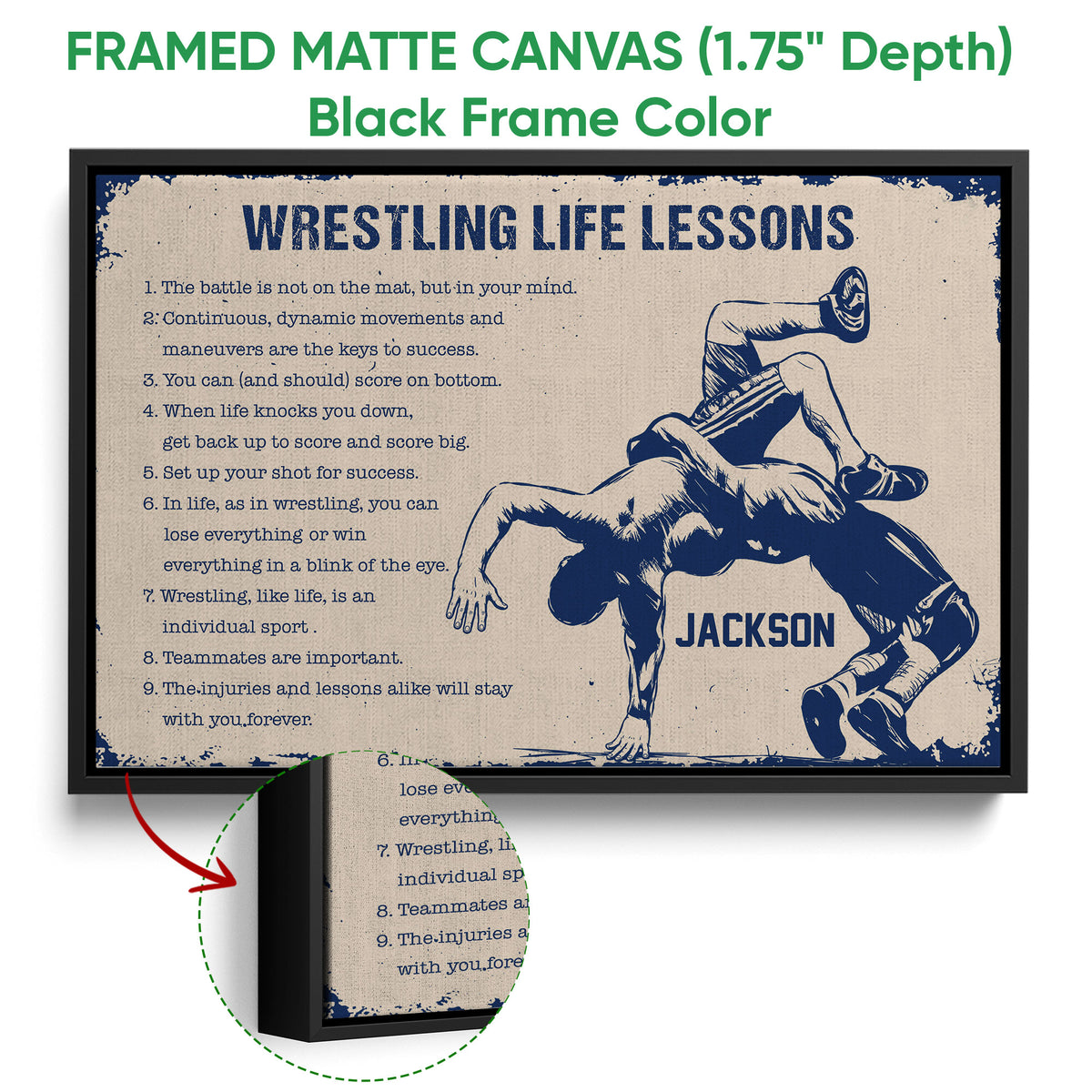 Black framed canvas wrestling wall art with a close-up showing textured canvas and solid frame construction