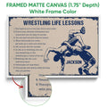 White framed canvas wrestling wall art with a close-up showing the textured canvas surface and frame edge