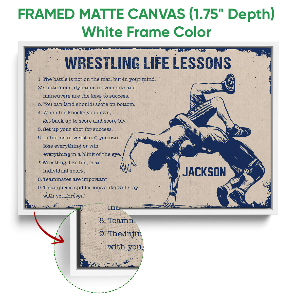 White framed canvas wrestling wall art with a close-up showing the textured canvas surface and frame edge