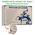 Natural wood framed wrestling wall art with vintage navy and cream artwork and a close-up of the wood frame