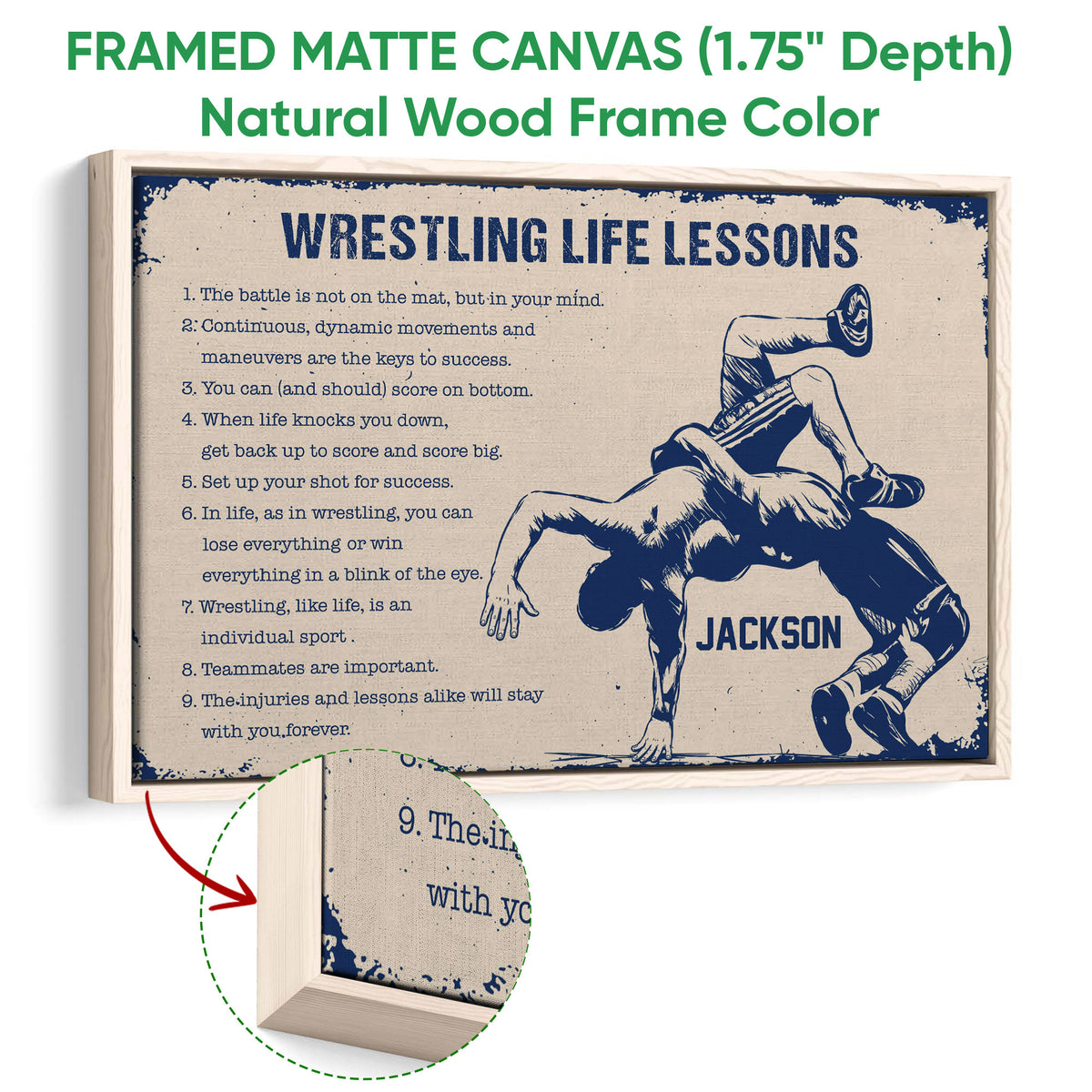 Natural wood framed wrestling wall art with vintage navy and cream artwork and a close-up of the wood frame
