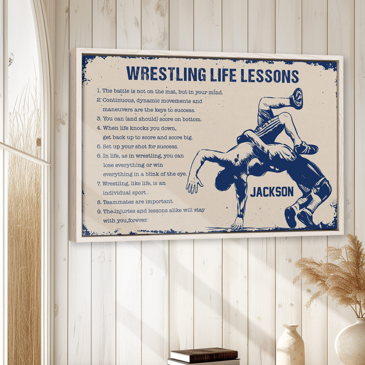 Wrestling wall art displayed in a bright wood-paneled room with neutral decor and a natural wood frame