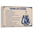 Framed boxing wall art with hanging gloves and motivational life lessons in navy and cream