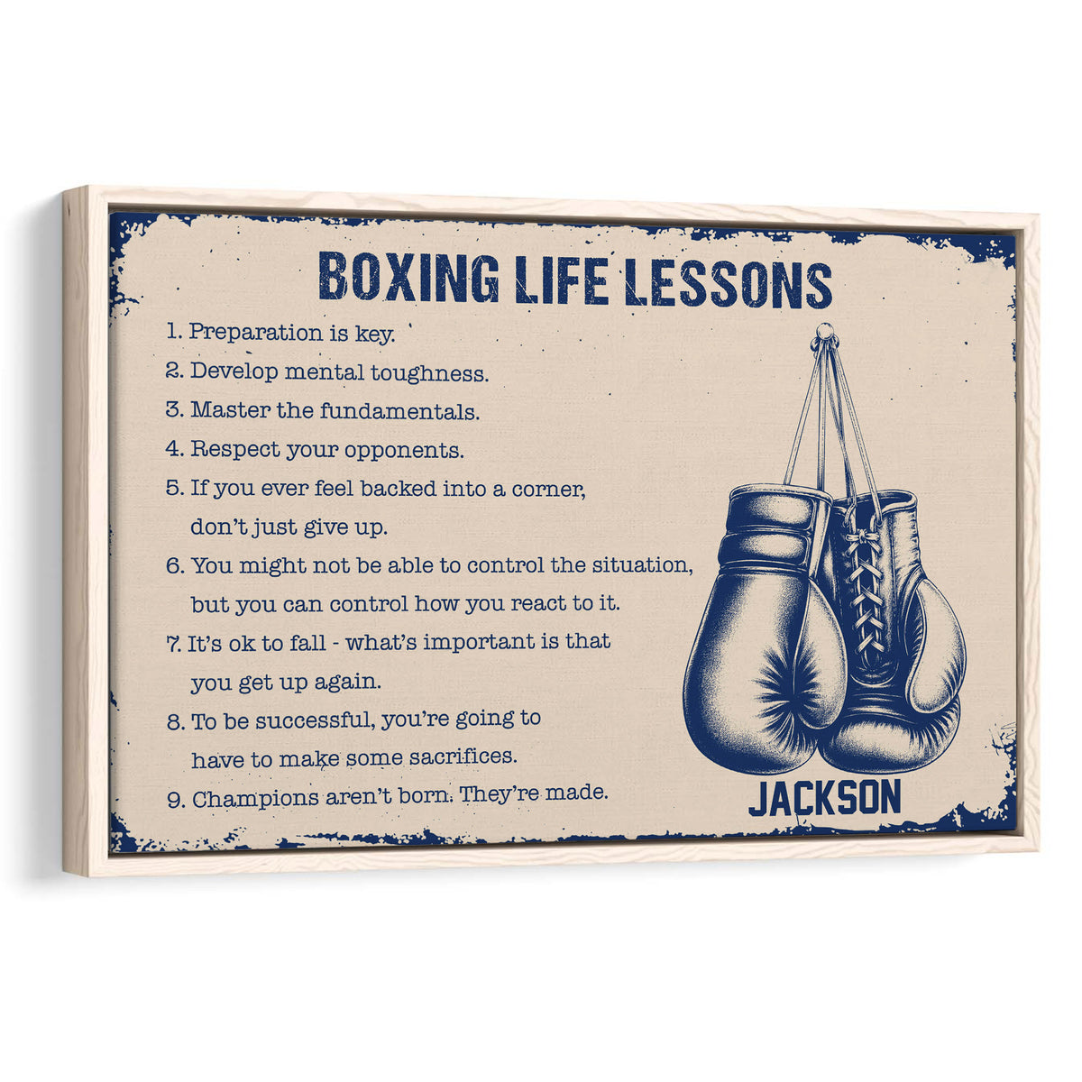 Framed boxing wall art with hanging gloves and motivational life lessons in navy and cream