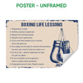 Unframed boxing poster with hanging gloves, distressed navy border, and motivational lessons