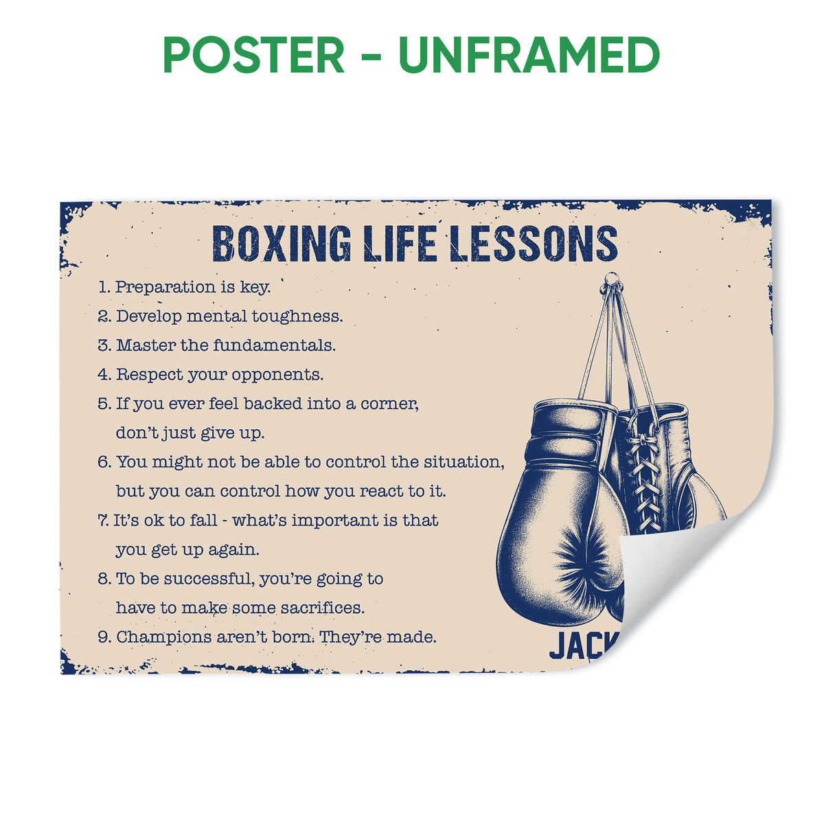 Unframed boxing poster with hanging gloves, distressed navy border, and motivational lessons