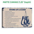 Matte canvas boxing wall art featuring hanging gloves and a vintage-inspired navy and cream design