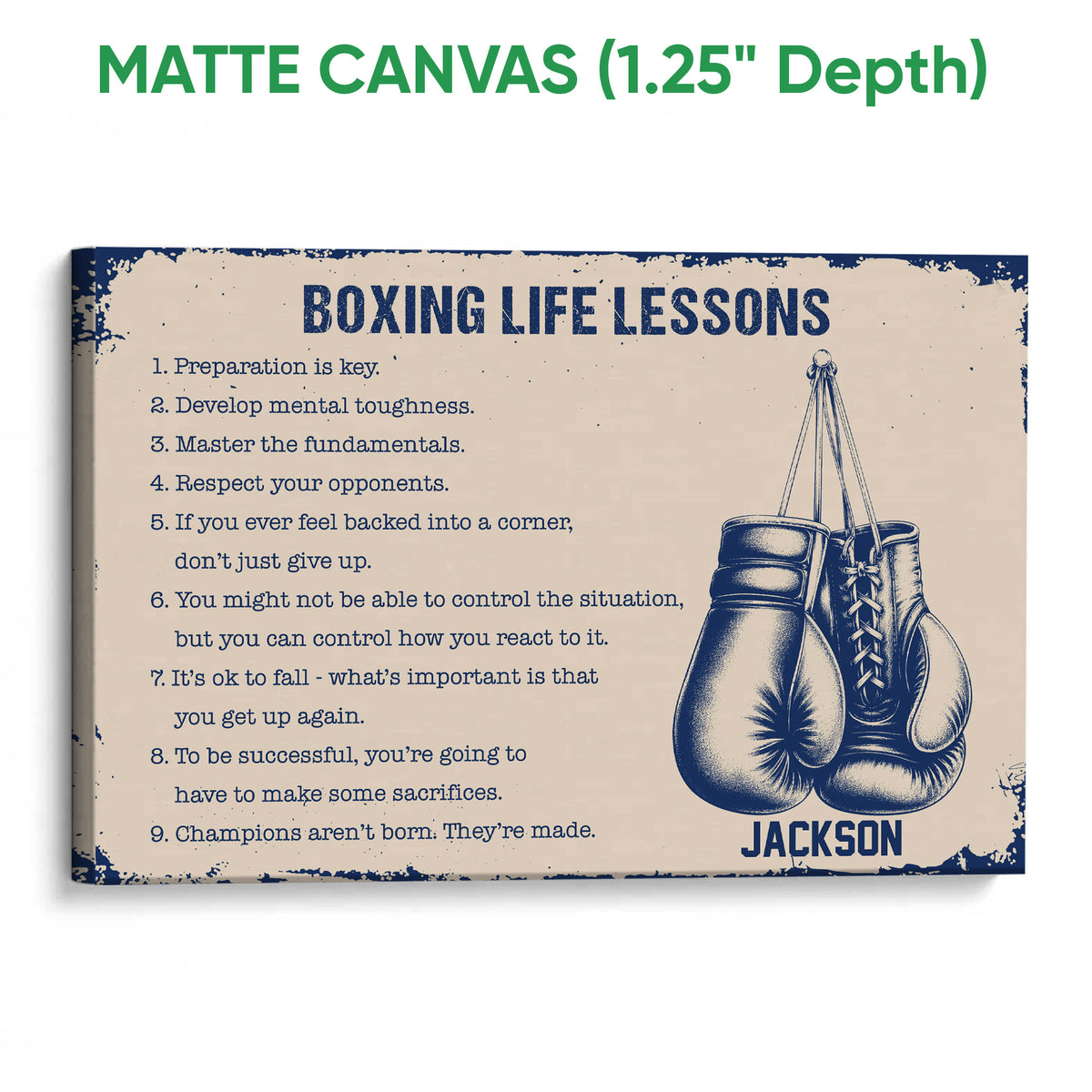 Matte canvas boxing wall art featuring hanging gloves and a vintage-inspired navy and cream design