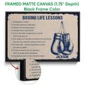 Black framed boxing canvas wall art with hanging gloves and motivational training lessons