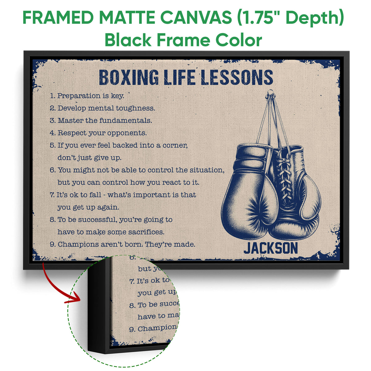 Black framed boxing canvas wall art with hanging gloves and motivational training lessons