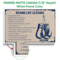 White framed boxing canvas wall art with navy gloves and motivational life lessons