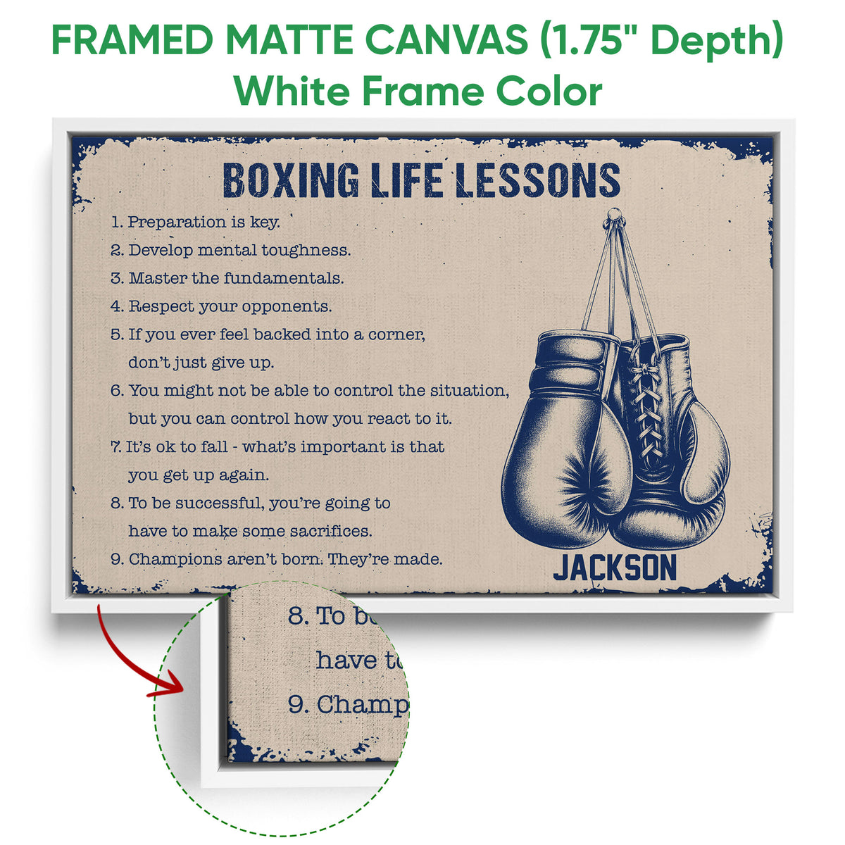 White framed boxing canvas wall art with navy gloves and motivational life lessons
