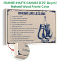 Natural wood framed boxing canvas featuring hanging gloves and a distressed motivational design