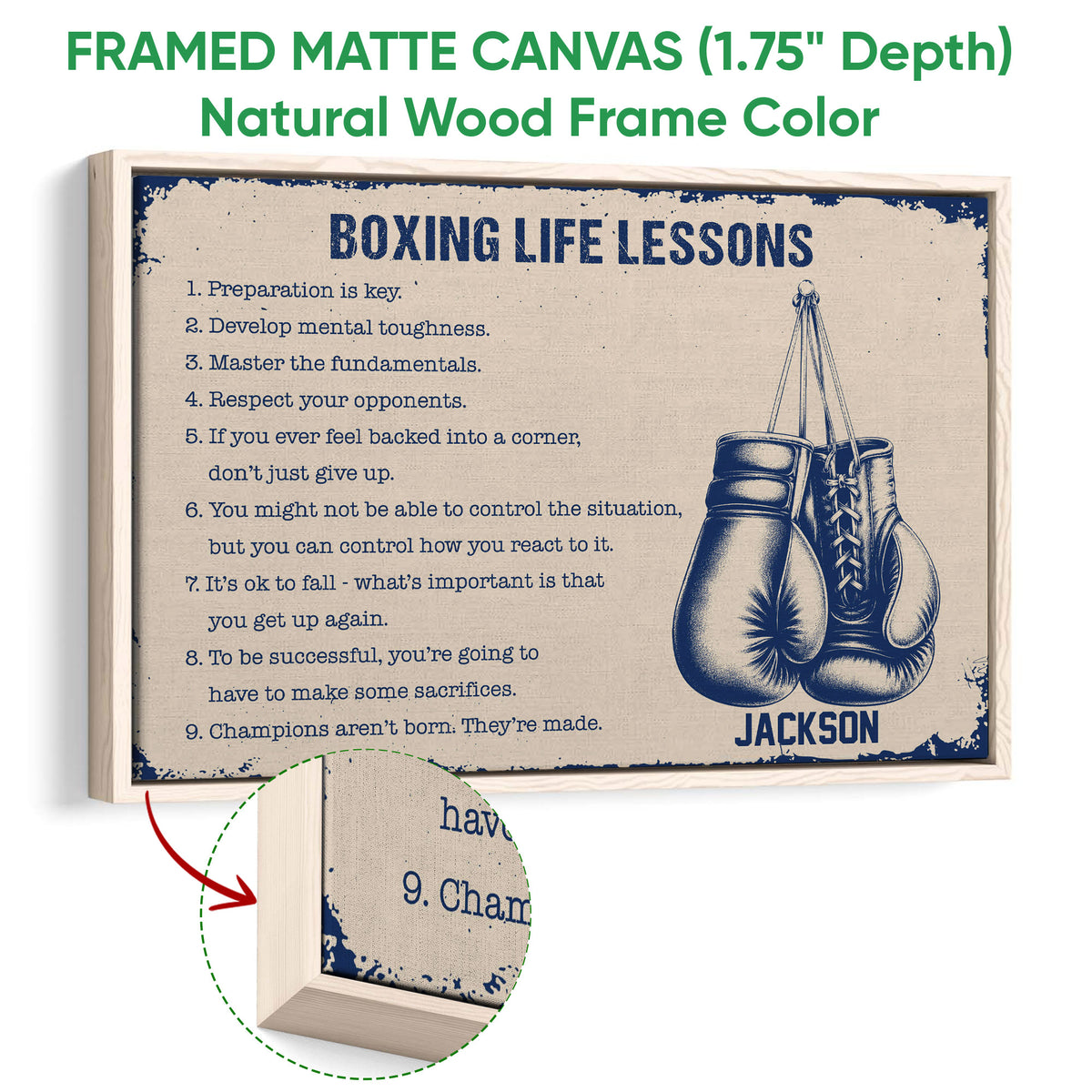 Natural wood framed boxing canvas featuring hanging gloves and a distressed motivational design