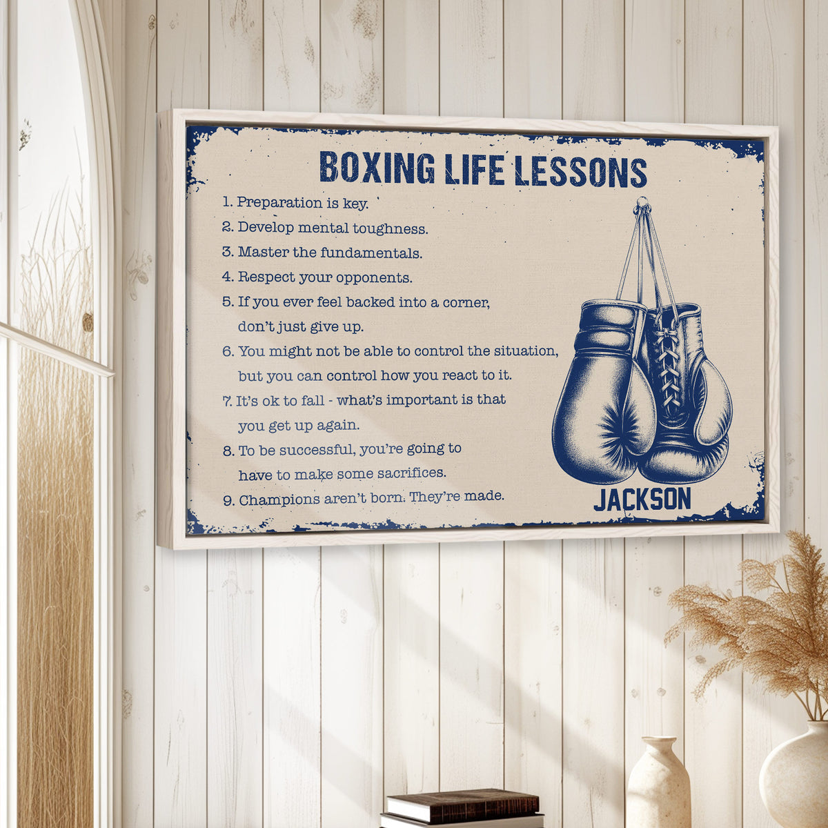 Boxing motivational wall art displayed in a bright room with a natural wood frame
