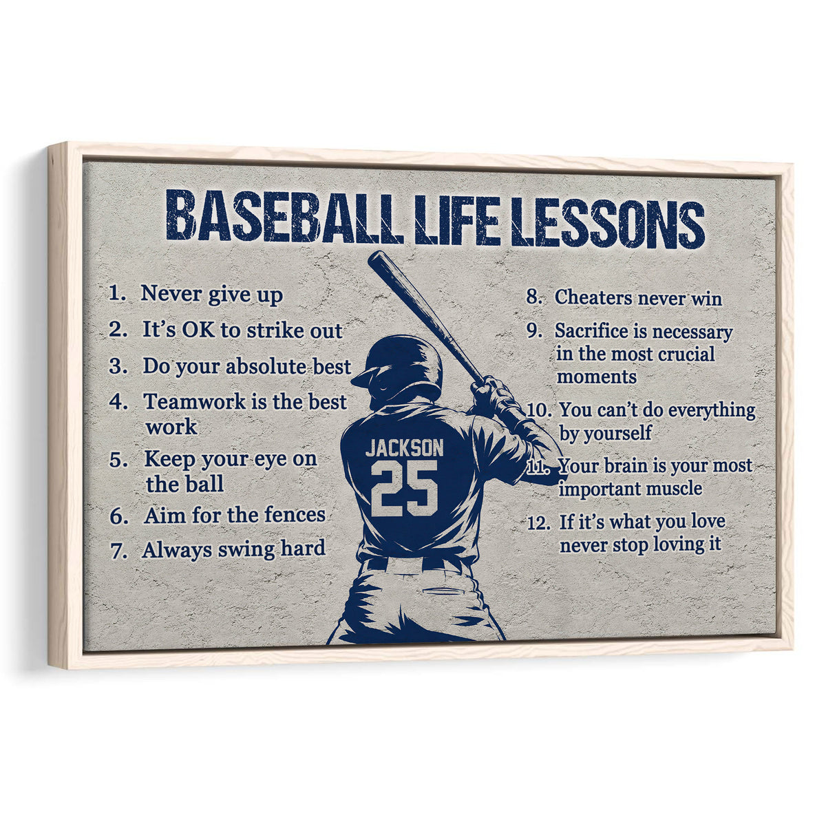 Framed baseball wall art featuring a batter silhouette and motivational baseball life lessons