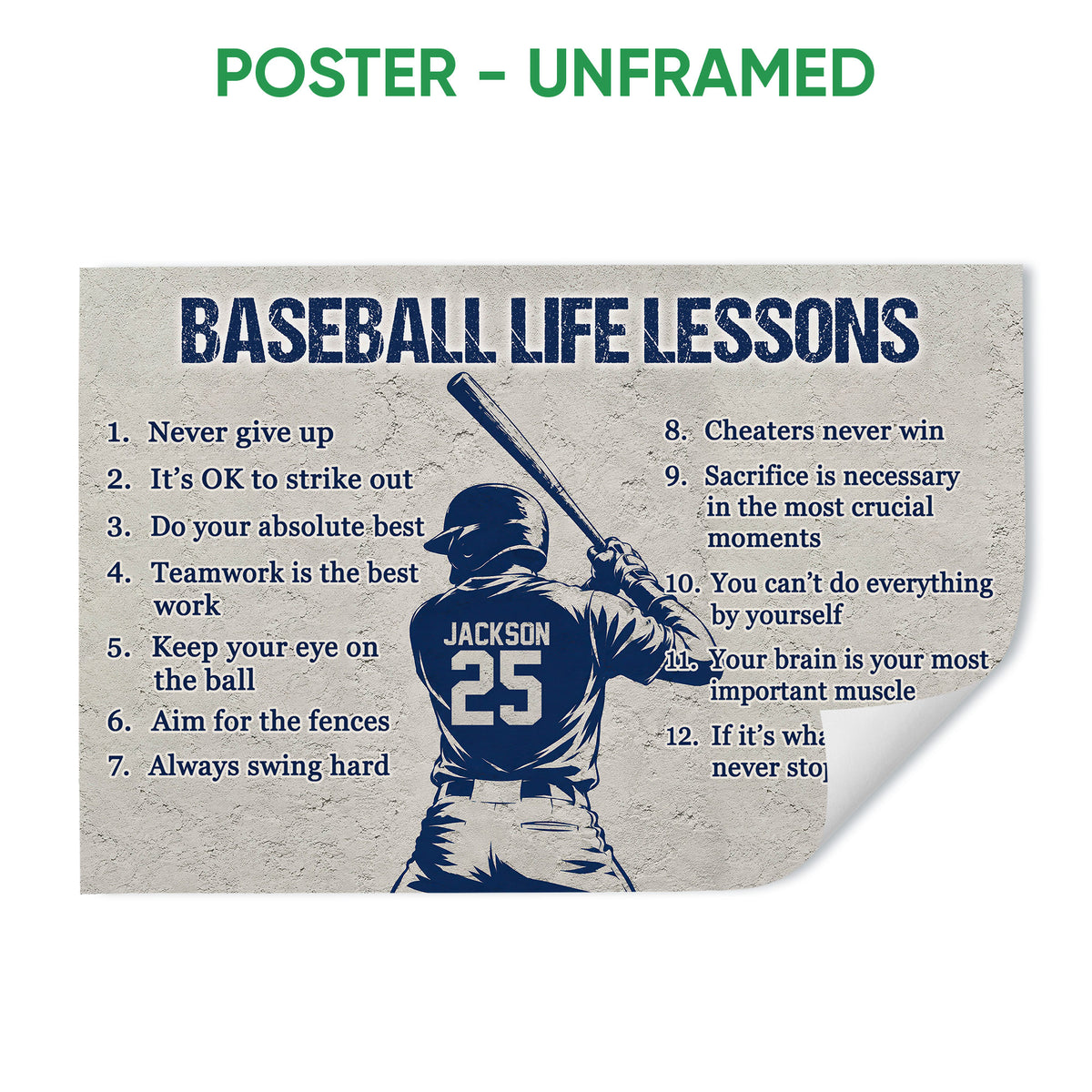 Unframed baseball poster with a batter silhouette and numbered baseball life lessons