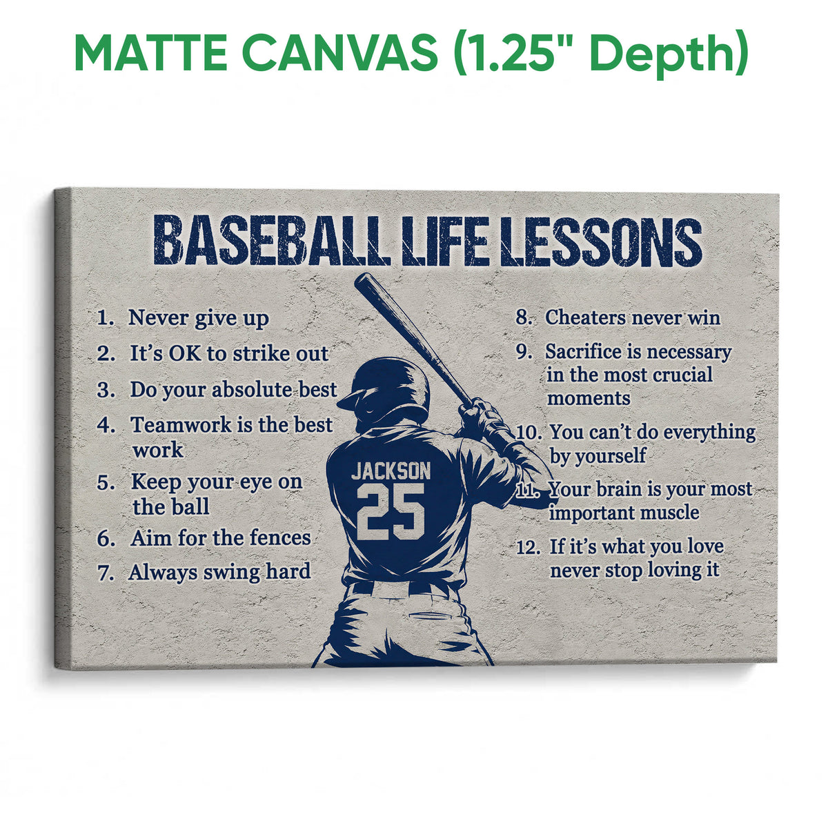 Matte canvas baseball wall art featuring a batter and motivational sports-themed sayings