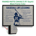 Black framed baseball canvas wall art with a batter silhouette and inspirational lessons