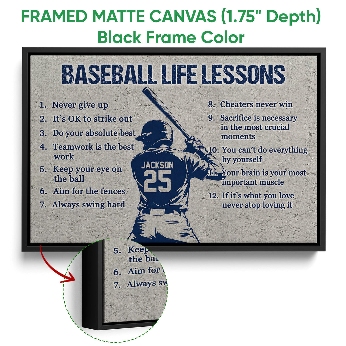 Black framed baseball canvas wall art with a batter silhouette and inspirational lessons