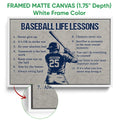 White framed baseball wall art featuring a batter, bat, and motivational sayings