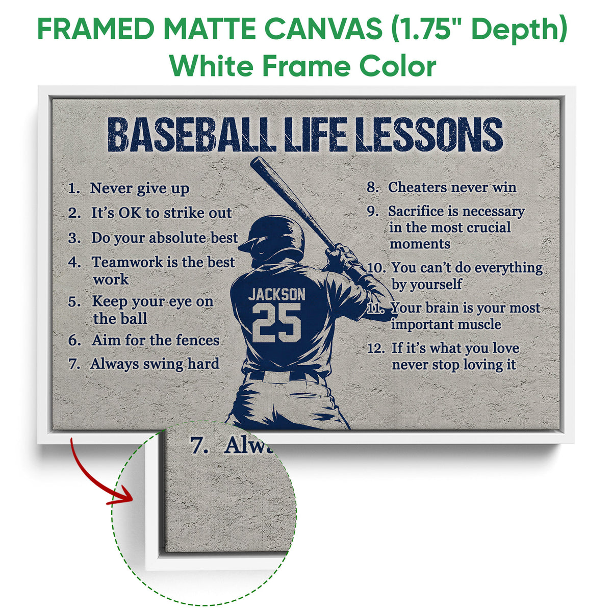 White framed baseball wall art featuring a batter, bat, and motivational sayings