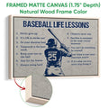 Natural wood framed baseball wall art with a batter silhouette and life lessons