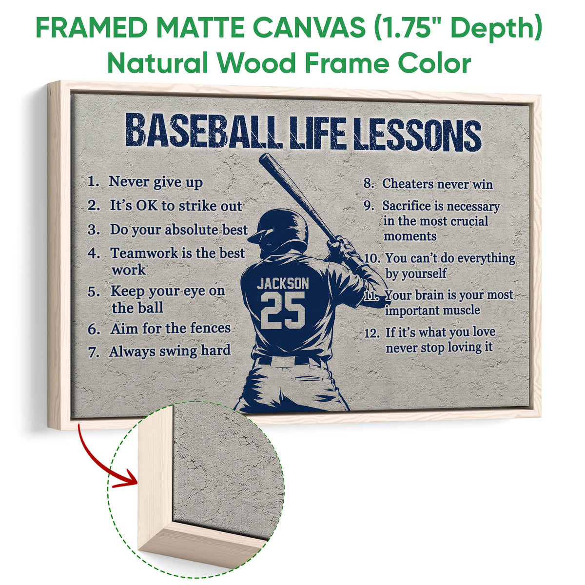 Natural wood framed baseball wall art with a batter silhouette and life lessons