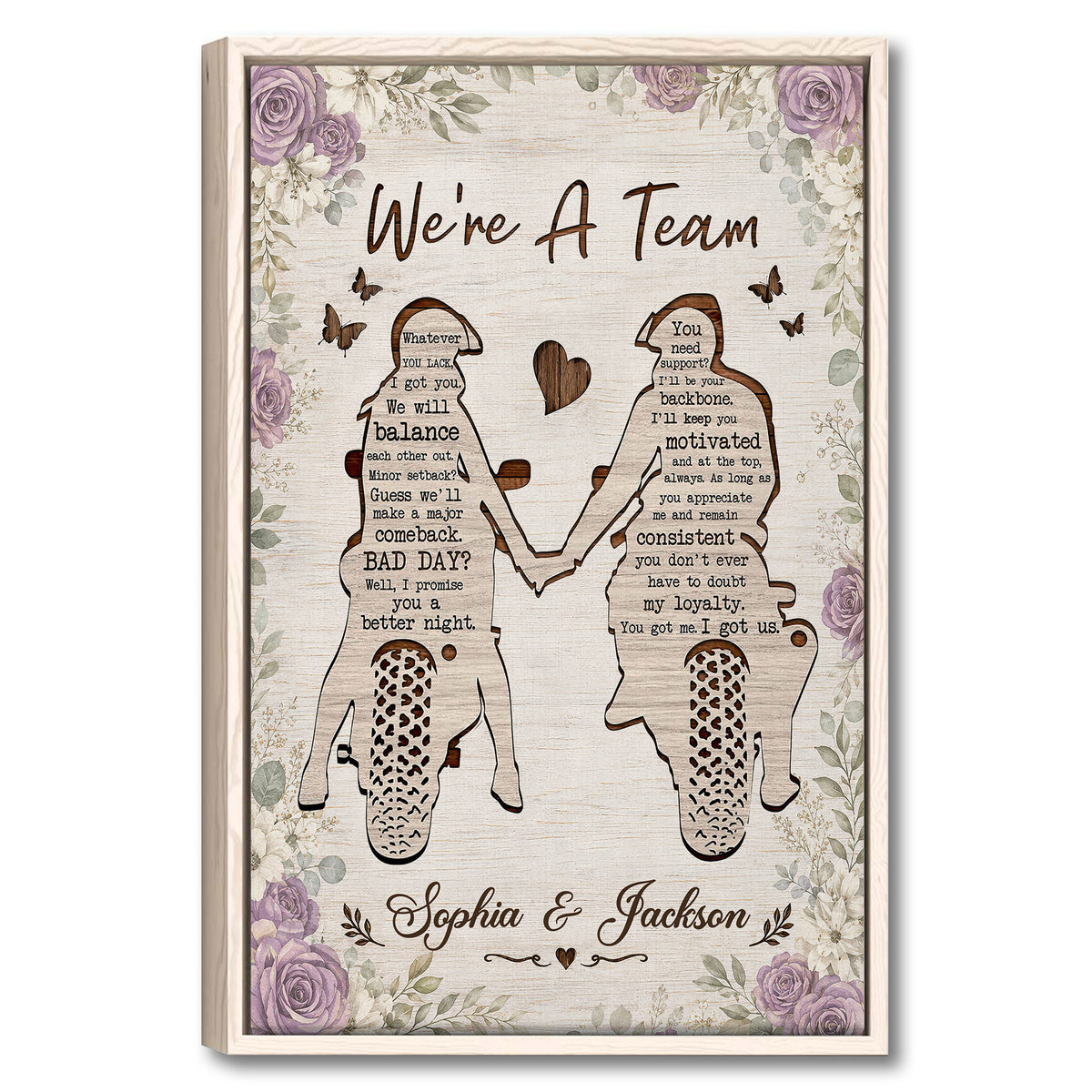 Motocross couple wall art with two dirt bike riders holding hands, floral border, teamwork quote and romantic rustic design